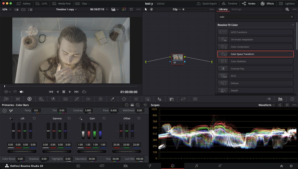 Page Color de DaVinci Resolve — un nœud, panneau Effects ouvert